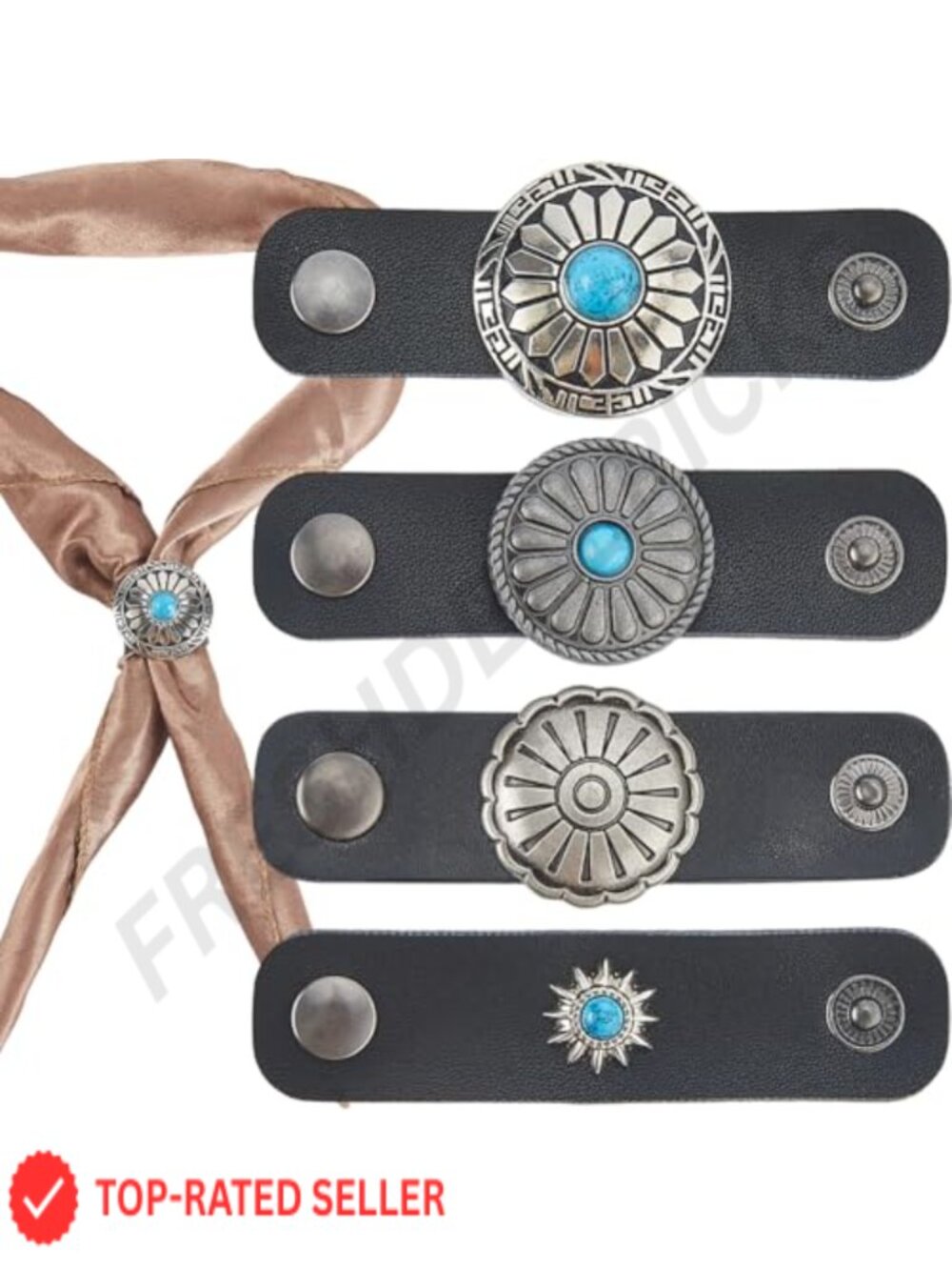 4PC PU Leather Western Bandana Scarf Ring Scarf Holder Buckle for Kerchief